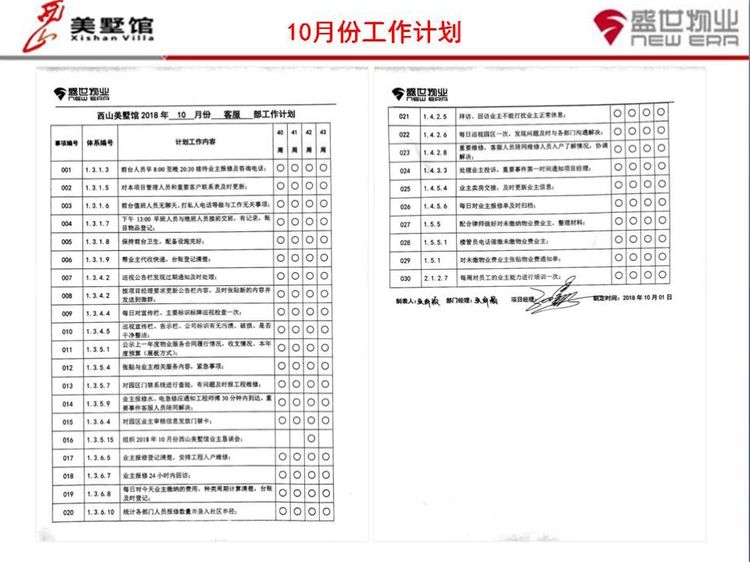 西山美墅馆物业服务中心第43周工作总结第44周工作计划