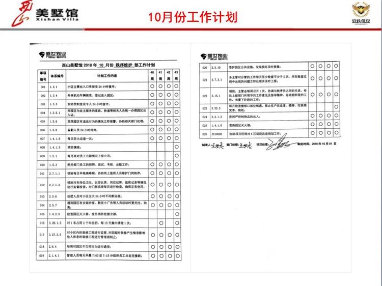 西山美墅馆物业服务中心第43周工作总结第44周工作计划