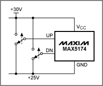 Figure 3. A digital pot floating near +30V with self-debouncing switches.